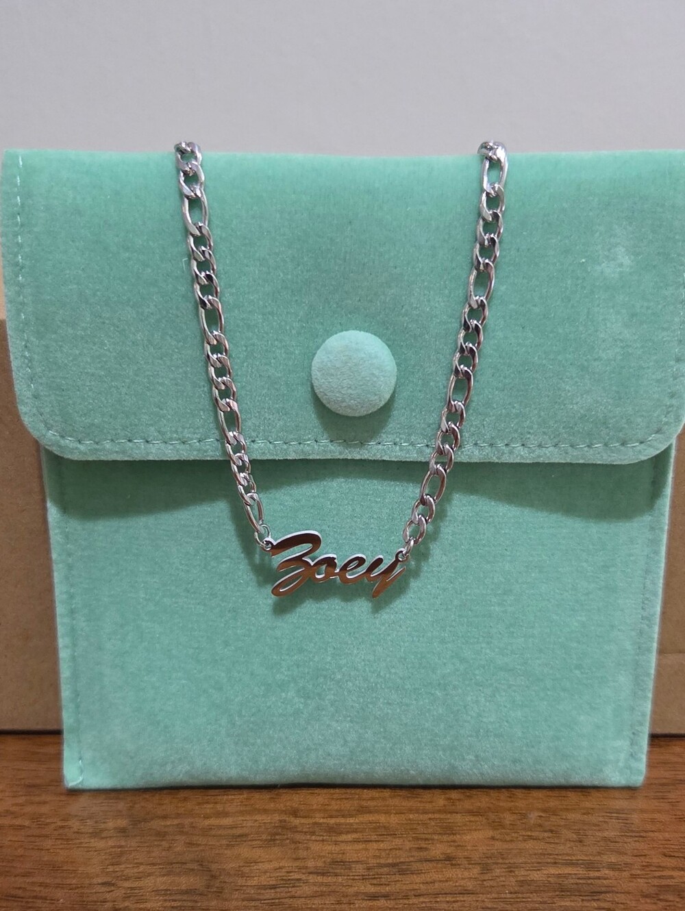New Personalized Zoey Necklace With Mint Colored Velvety Pouch 19"